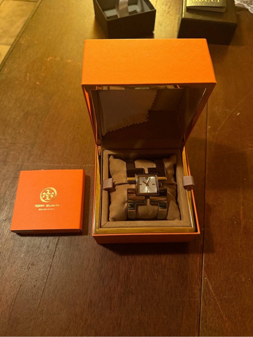 Tory Burch Square-Link Silver and Brown Bracelet Watch